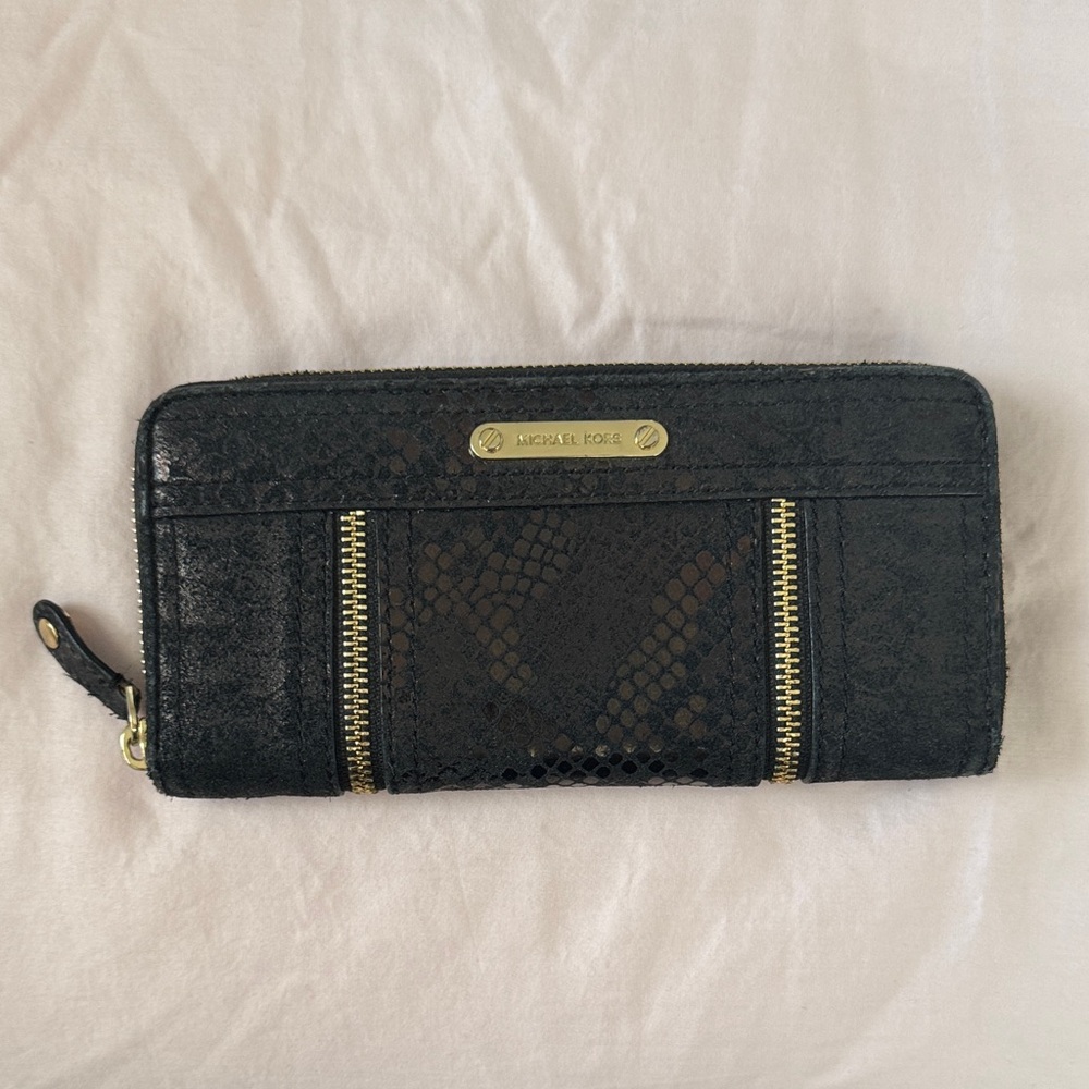 Michael Kors Black and Gold Zip-Around Wallet